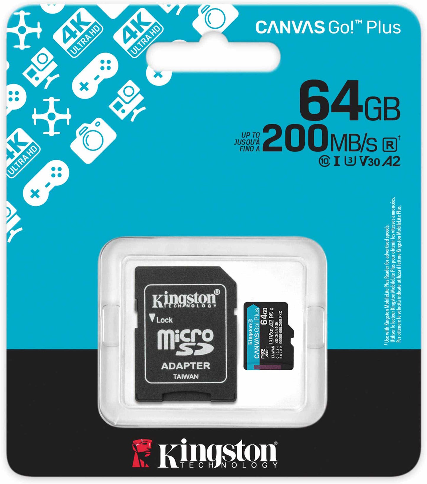 Kingston Canvas Go Plus microSDXC Memory Card Android A2, 64Gb, Class 10 / UHS-1 U3, With Adapter SDCG4/64GB