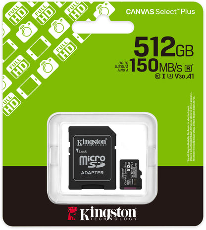 Kingston Canvas Select Plus Android A1 microSDXC Memory Card, 512Gb, Class 10 / UHS-1 U3, With Adapter SDCS3/512GB
