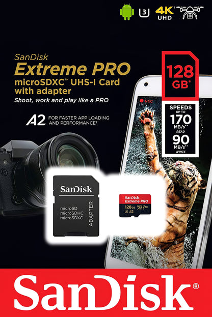SanDisk Extreme Pro microSDXC Memory Card, 128Gb, Class 10 / UHS-1 U3, With Adapter SDSQXCD-128G-GN6MA