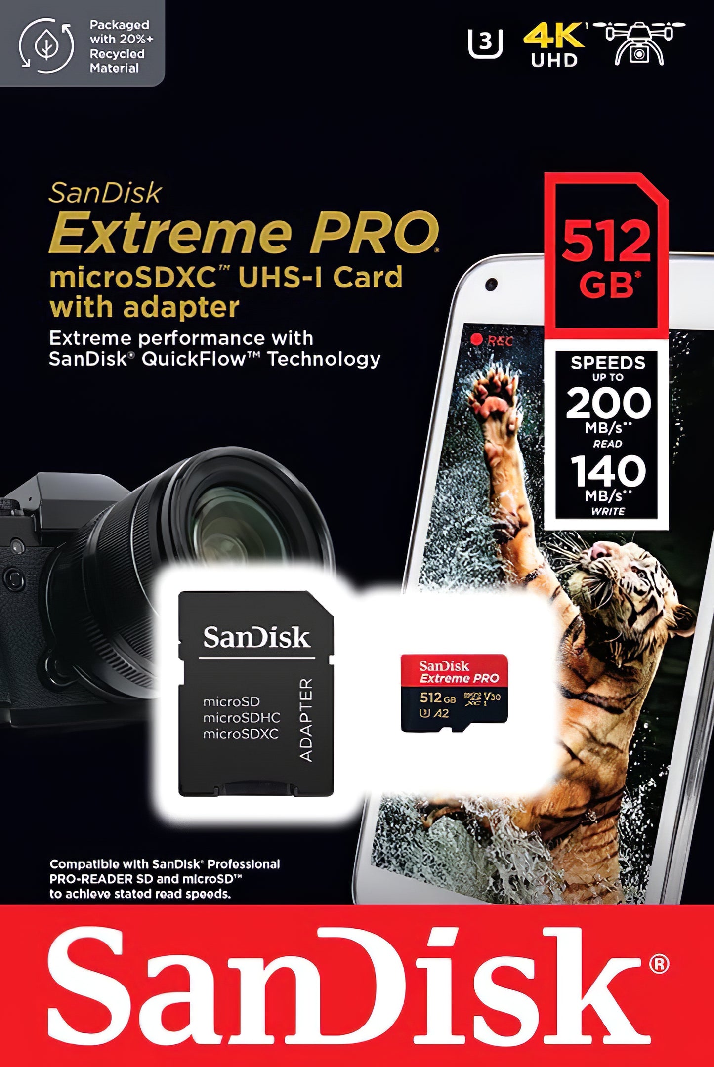 SanDisk Extreme Pro microSDXC Memory Card, 512Gb, Class 10 / UHS-1 U3, With Adapter SDSQXCD-512G-GN6MA