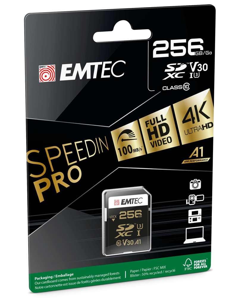 Emtec SpeedIn Pro SDXC Memory Card, 256Gb, Class 10 / UHS-1 U3 ECMSD256GXC10SP