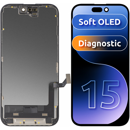 MP Touchscreen Display compatible with Apple iPhone 15, with Frame, Soft OLED FHD Diagnostic Version, Black