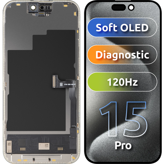 MP Touchscreen Display compatible with Apple iPhone 15 Pro, with Frame, Soft OLED FHD 120Hz Diagnostic Version, Black