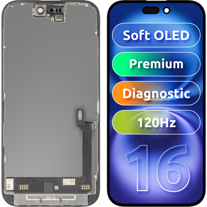 MP Touchscreen Display compatible with Apple iPhone 16, with Frame, Premium Soft OLED FHD 120Hz Diagnostic Version, Black