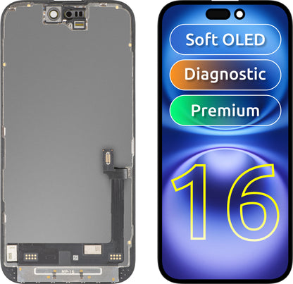 MP Touchscreen Display compatible with Apple iPhone 16, with Frame, Premium Soft OLED FHD Diagnostic Version, Black