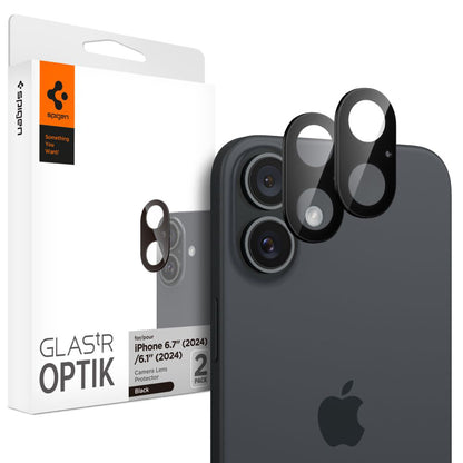 Folie de protectie Camera Spate Spigen GlastR Optik pentru Apple iPhone 16 Plus / 16, Sticla Securizata, Set 2 bucati, Neagra AGL07922