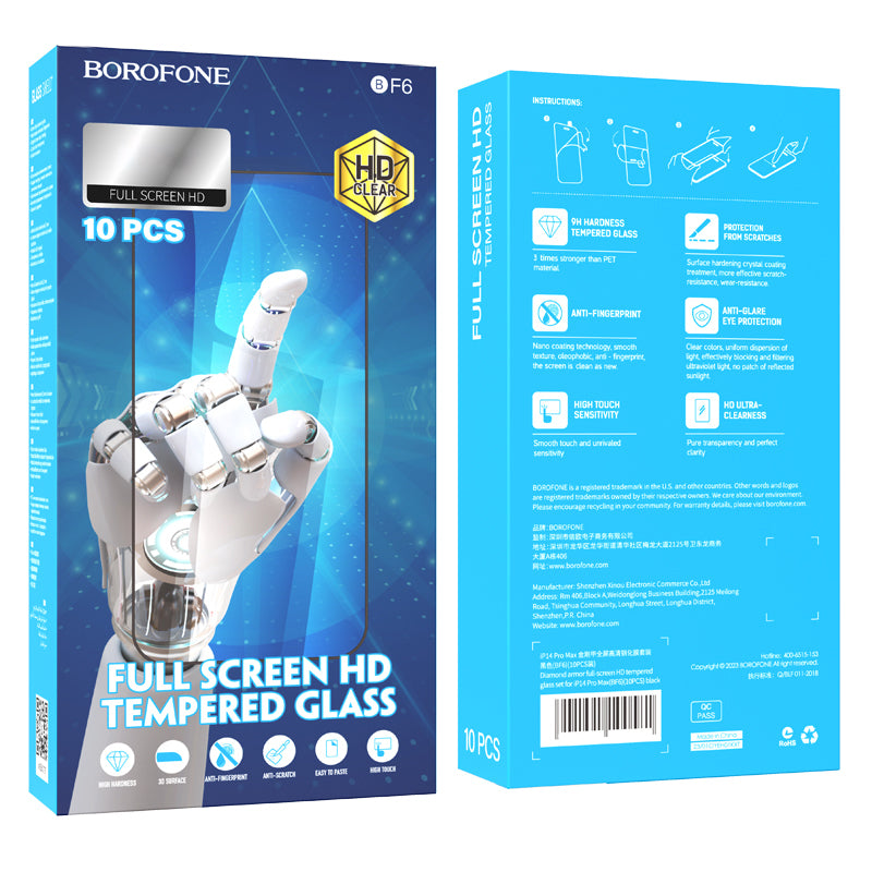 Borofone BF6 Diamond Armor Screen Protector for Apple iPhone 16e / 14 / 13 Pro / 13, Tempered Glass, Full Glue, Set of 10 pieces, Black