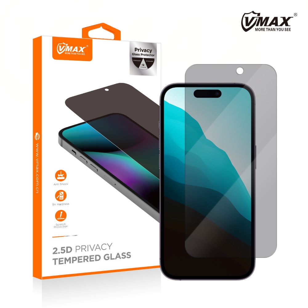 Privacy Vmax Screen Protector for Apple iPhone 16 Pro, Tempered Glass, Full Glue, 2.5D