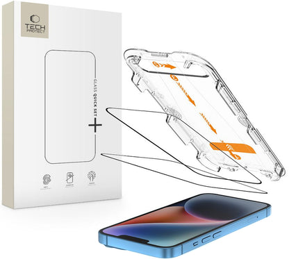 Tech-Protect Quick Set+ Screen Protector for Apple iPhone 17e / 16e / 14 / 13 Pro, Tempered Glass, Full Glue, 2-Piece Set, Black