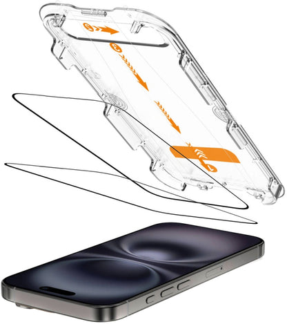 Tech-Protect Quick Set+ Screen Protector for Apple iPhone 16 / 15, Tempered Glass, Full Glue, Set of 2 Pieces, Black