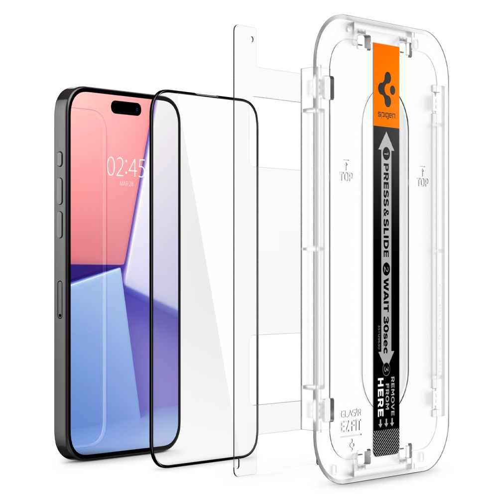 Spigen EZ FIT Screen Protector for Apple iPhone 15 Pro Max, Tempered Glass, Full Glue, 2.5D, Case Friendly, Black AGL06879 