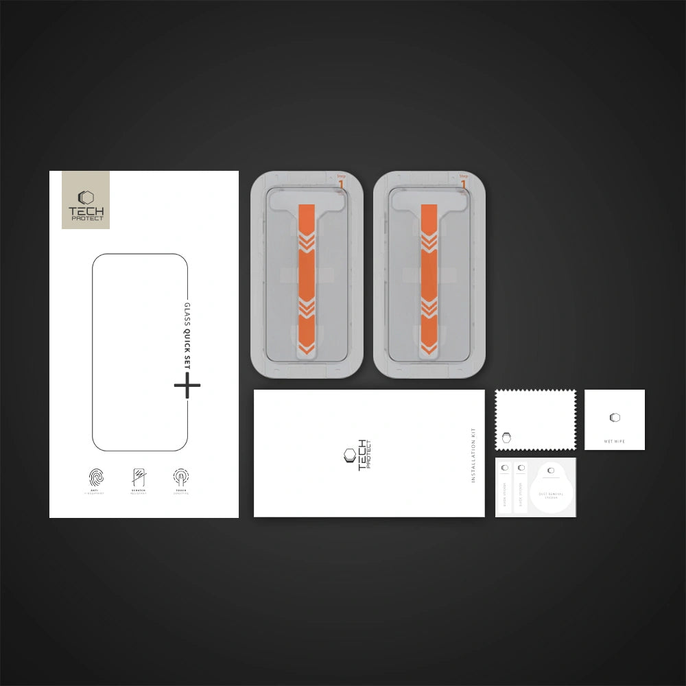 Tech-Protect Quick Set+ Screen Protector for Apple iPhone 16 / 15, Tempered Glass, Full Glue, Set of 2 Pieces, Black
