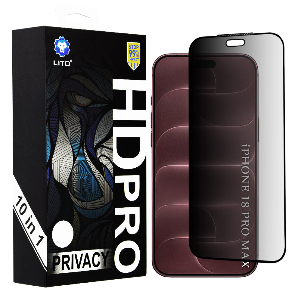 Lito HD Pro Privacy Screen Protector for Apple iPhone 18 Pro Max, Tempered Glass, Full Glue, Set of 10 Pieces