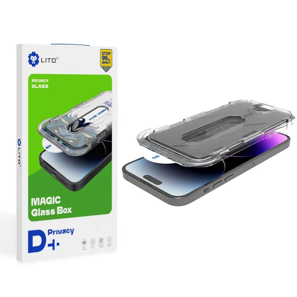 Privacy Screen Protector Lito Magic Glass Box D+ Tools for Apple iPhone 15 Pro, Tempered Glass, Full Glue