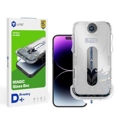 Privacy Screen Protector Lito Magic Glass Box D+ Tools for Apple iPhone 15, Tempered Glass, Full Glue