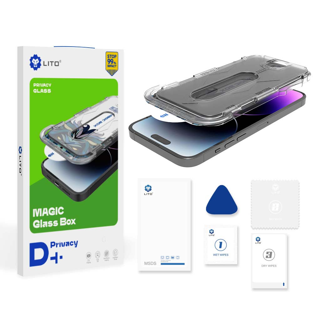 Privacy Screen Protector Lito Magic Glass Box D+ Tools for Apple iPhone 16 Pro, Tempered Glass, Full Glue