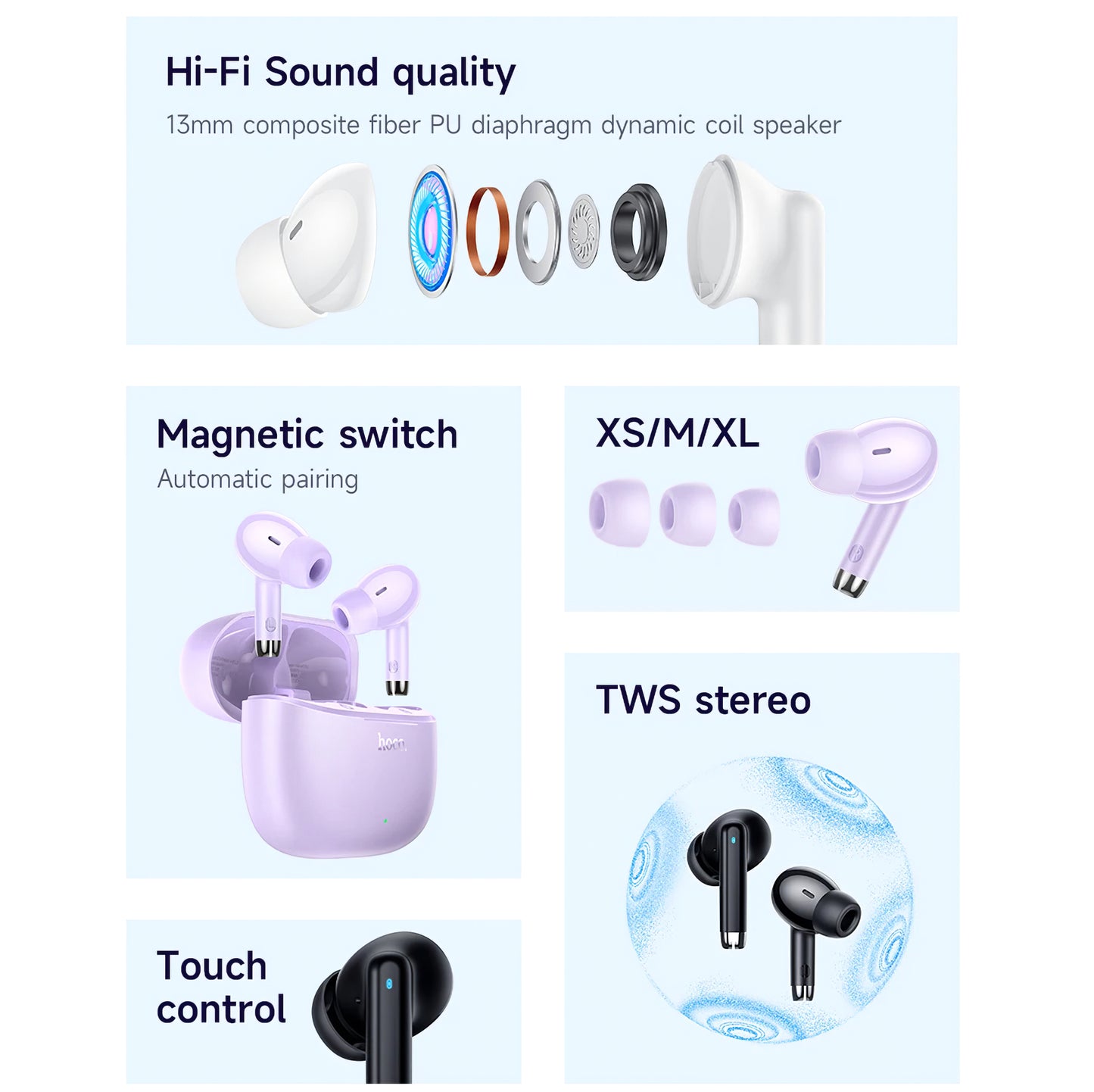 Handsfree Bluetooth HOCO EQ2, TWS, Purple