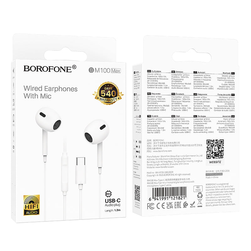 Handsfree USB-C Borofone BM100 Max Fuente, White