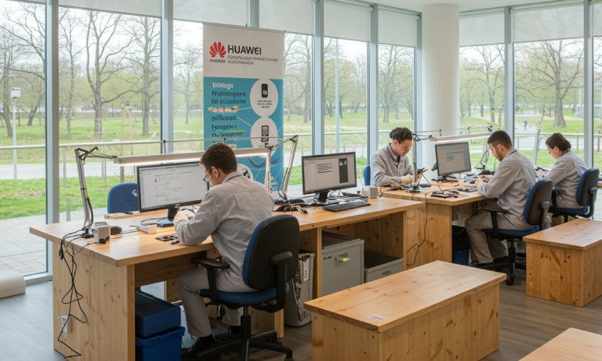 Huawei repair workspace with an eco-friendly message