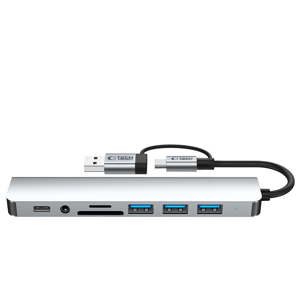 USB / USB-C Hub Tech-Protect HB06, 2 x USB-A 3.0 - 2 x USB-A - 1 x USB-C - 1 x 3.5mm Jack - 1 x SD - 1 x microSD, Gray