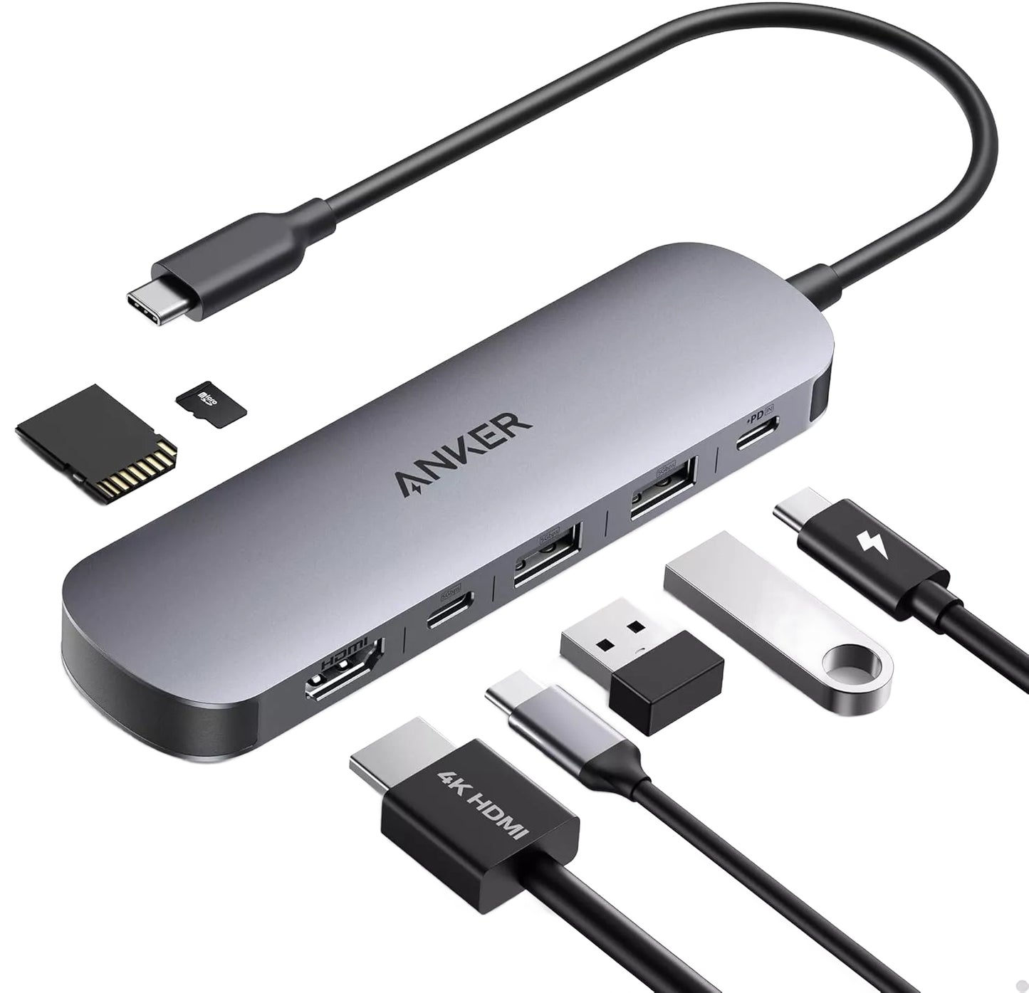 Anker USB-C Hub, 2 x USB-A 3.0 - 2 x USB-C - 1 x HDMI - 1 x SD - 1 x microSD, Gray A83D2HA1