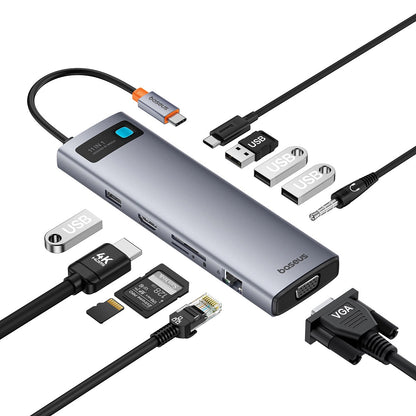 Hub USB-C Baseus Metal Gleam, 1 x USB-C - 3 x USB-A 3.0 - 1 x USB-A - 1 x HDMI - 1 x VGA - 1 x Jack 3.5mm - 1 x RJ45 - 1 x SD - 1 x microSD, Gray