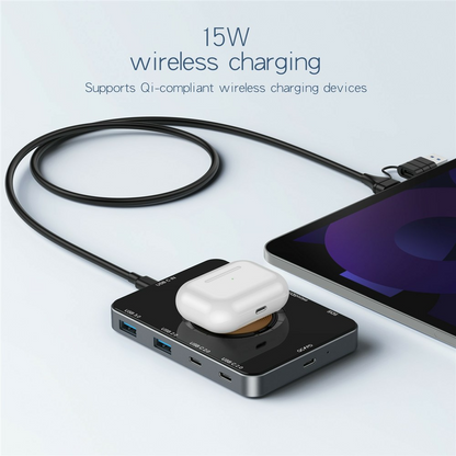 USB-C Hub with Wireless QI Charging OEM YC7209, 10in1, Gray