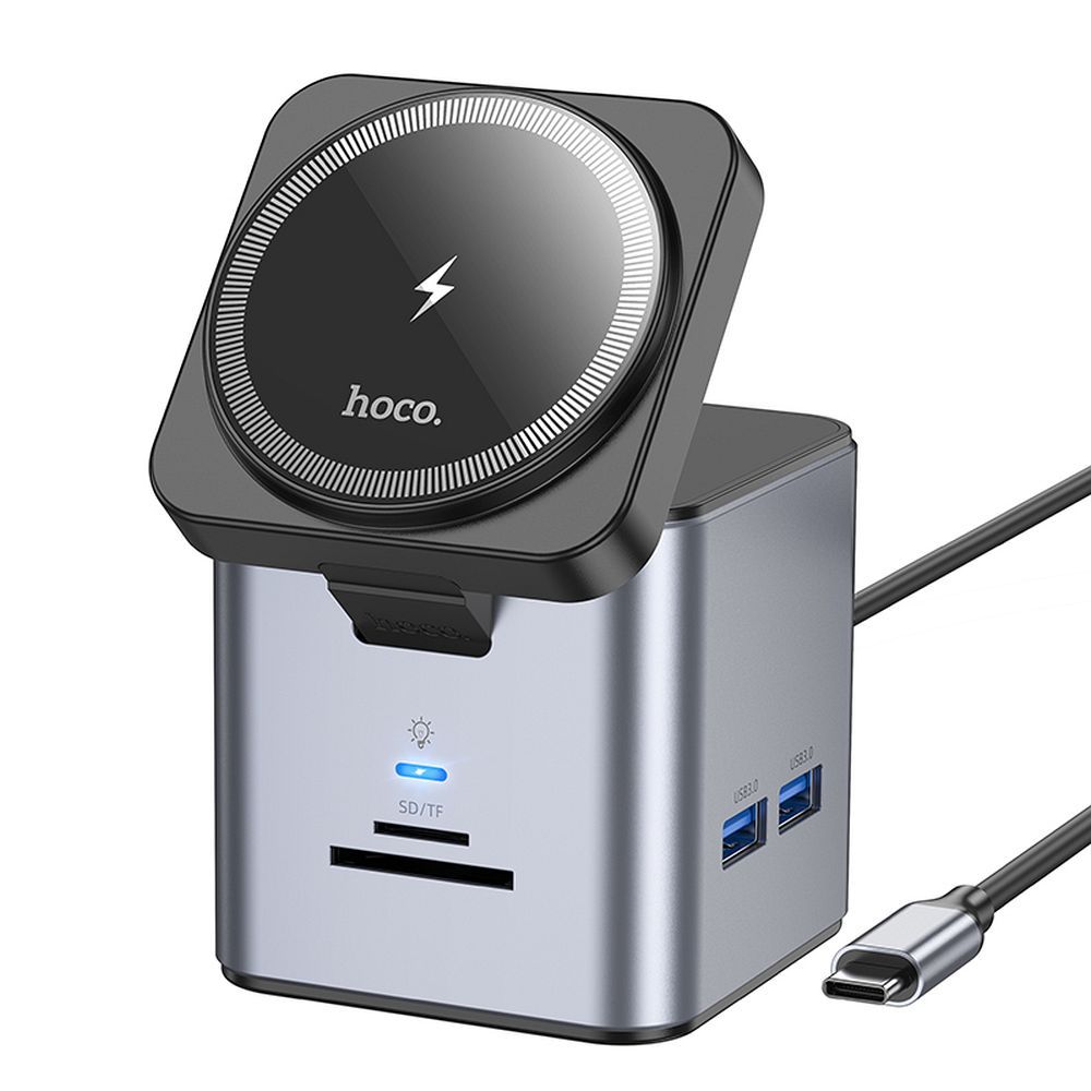 HOCO HB49 USB-C hub, 3 x USB-A 3.0 - 1 x USB-C - 1 x HDMI - 1 x RJ45 - 1 x QI - 1 x SD - 1 x microSD, Gray