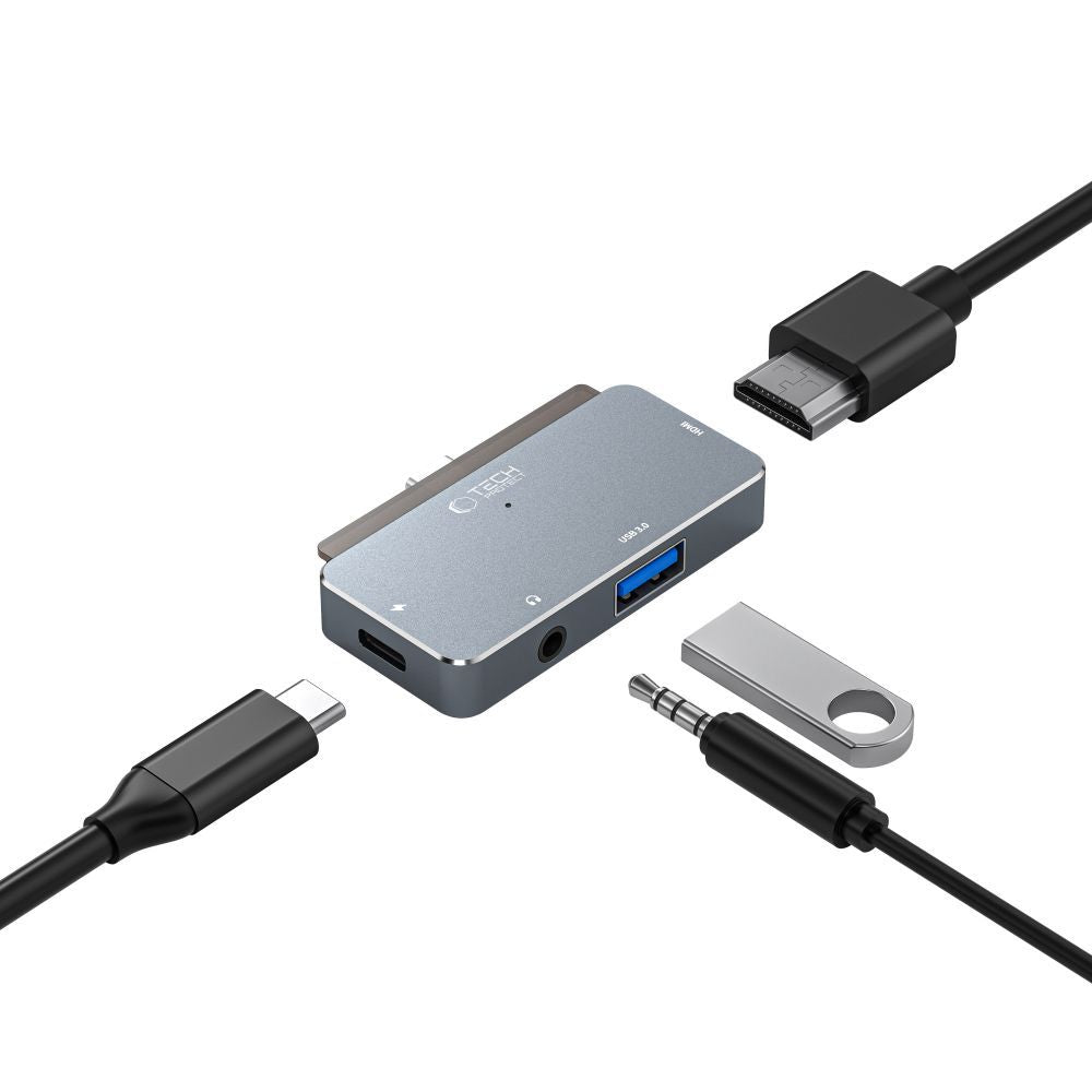 Hub USB-C Tech-Protect V6, 1 x USB-A - 1 x USB-C - 1 x HDMI - 1 x Jack 3.5mm, Gray