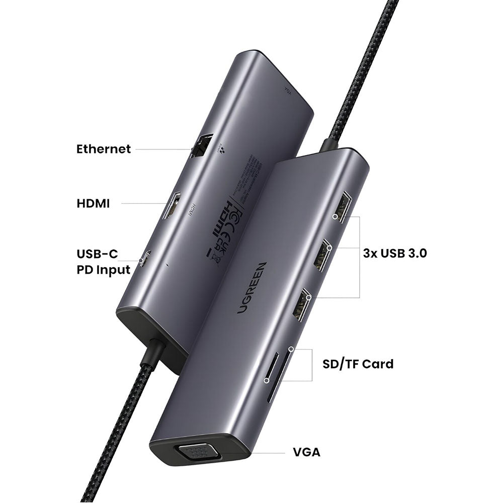UGREEN CM498 USB-C Hub (15600), 3 x USB-A 3.0 - 1 x USB-C - 1 x HDMI - 1 x VGA - 1 x RJ45 - 1 x SD - 1 x microSD, Gray
