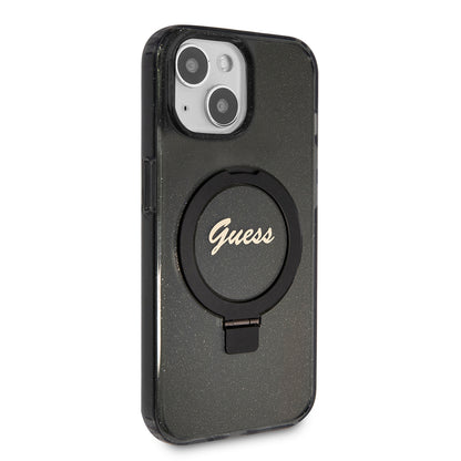 MagSafe Case for Apple iPhone 15, Guess, Ring Stand Script Glitter, Black