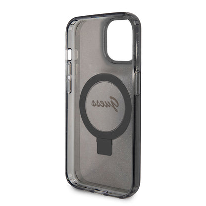 MagSafe Case for Apple iPhone 15, Guess, Ring Stand Script Glitter, Black