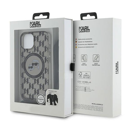 MagSafe Case for Apple iPhone 15, Karl Lagerfeld, IML Crossbody Monogram Karl & Choupette's Heads, Black