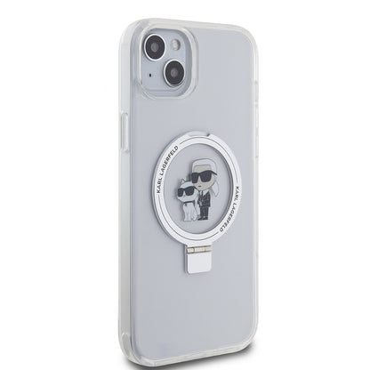 MagSafe Case for Apple iPhone 15 Plus, Karl Lagerfeld, Ringstand Karl and Choupette, White