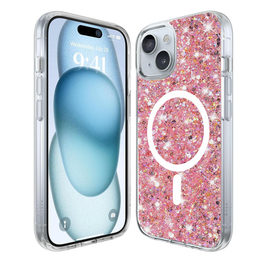 MagSafe Case for Apple iPhone 15 Plus, Techsuit, Sparkly Glitter, Magenta