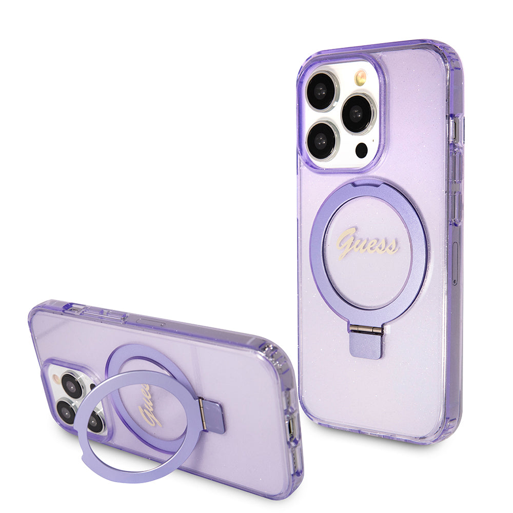 MagSafe Case for Apple iPhone 15 Pro, Guess, IML Ring Stand Glitter, Purple