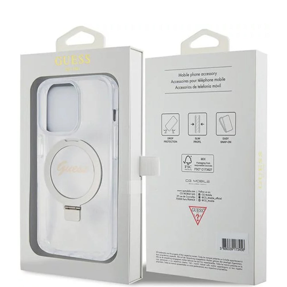 MagSafe Case for Apple iPhone 15 Pro, Guess, IML Ring Stand Glitter, Transparent
