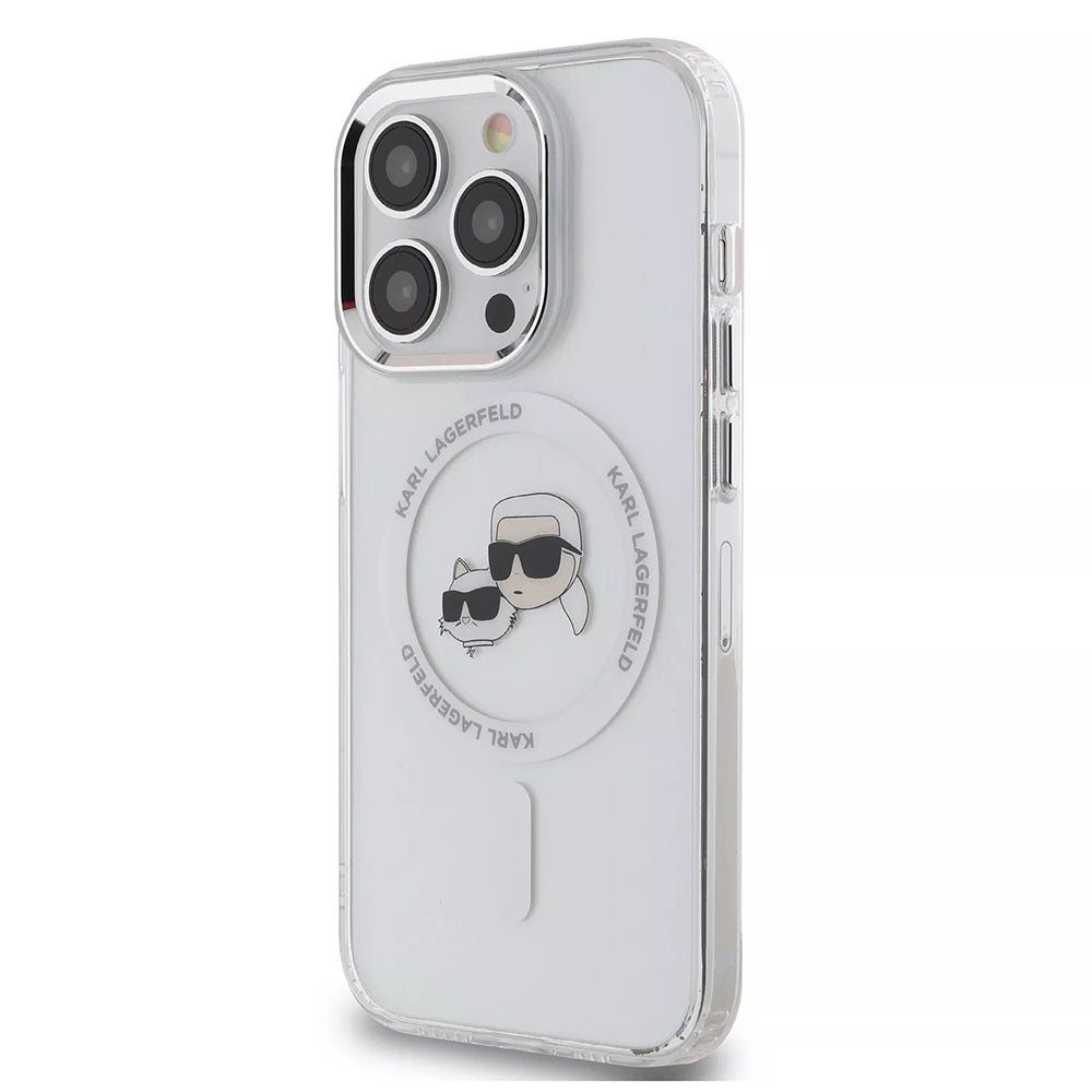 MagSafe Case for Apple iPhone 15 Pro, Karl Lagerfeld, IML Metal Karl & Choupette's Heads, White