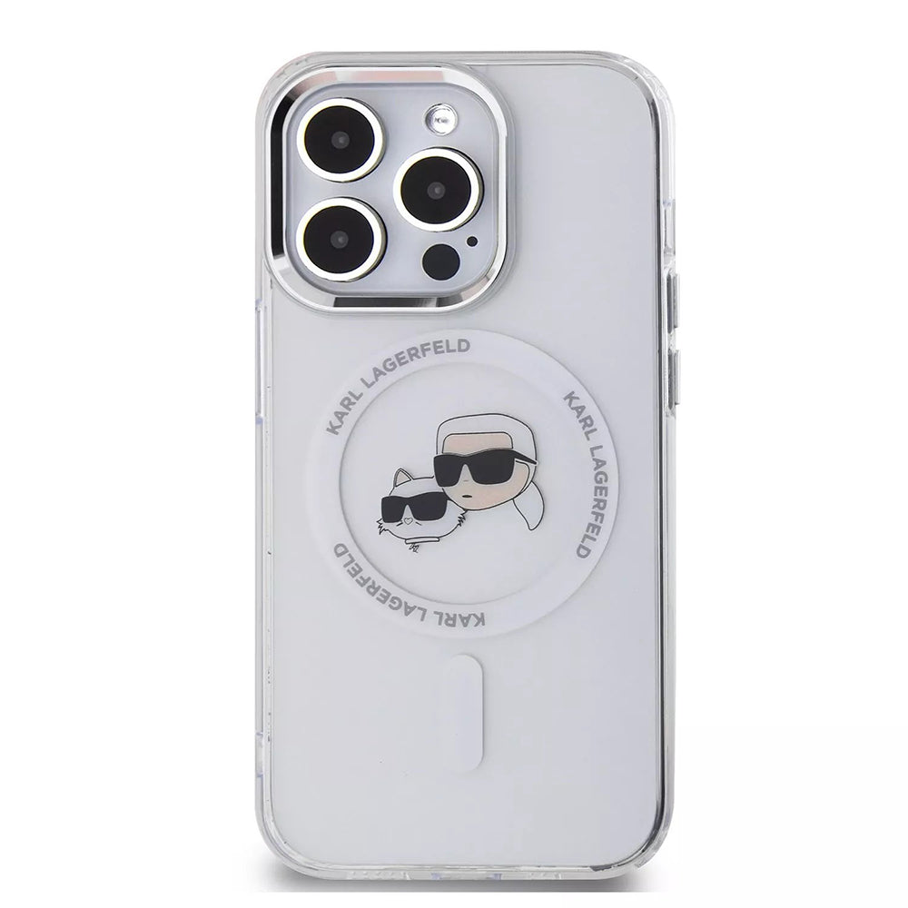 MagSafe Case for Apple iPhone 15 Pro, Karl Lagerfeld, IML Metal Karl & Choupette's Heads, White