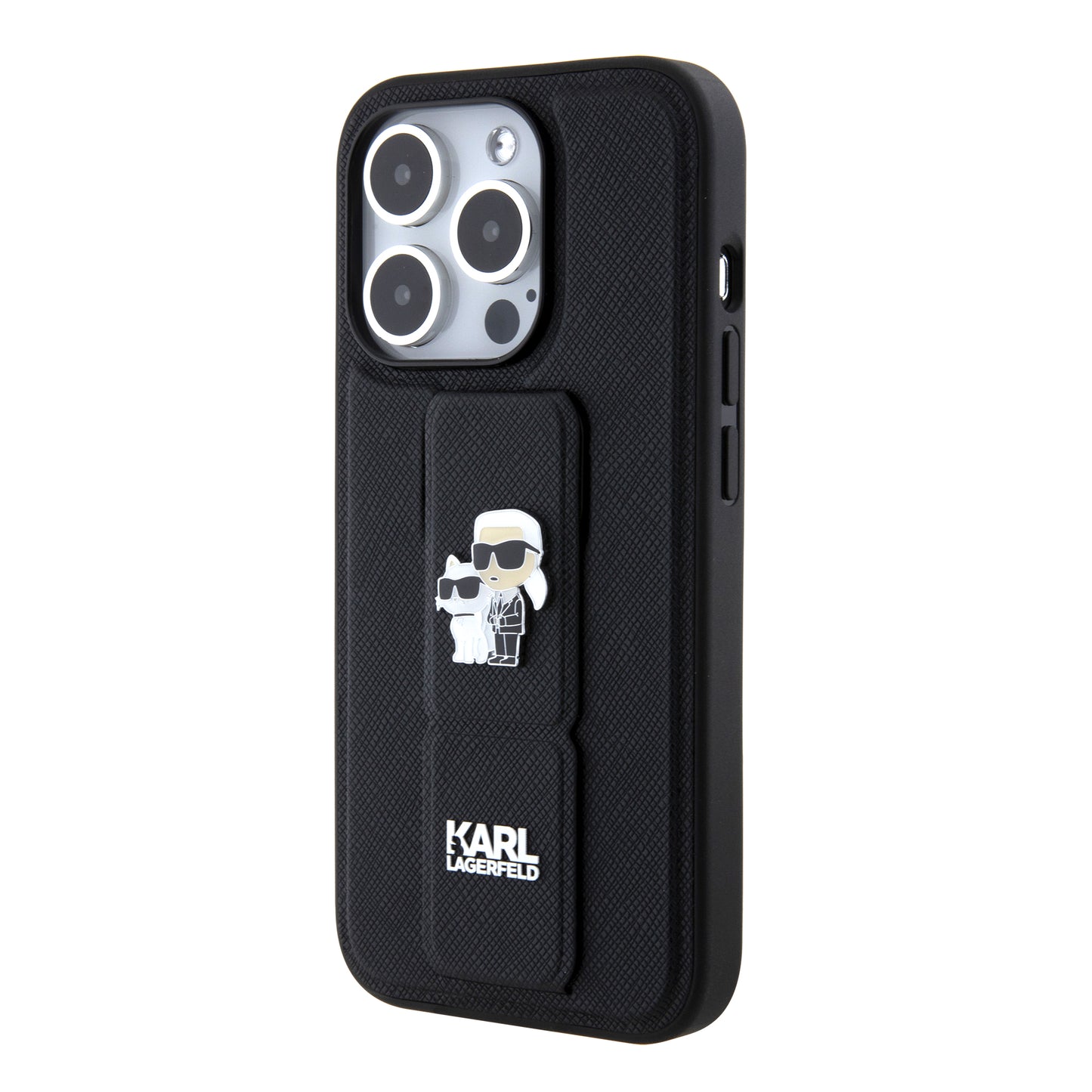 MagSafe Case for Apple iPhone 15 Pro, Karl Lagerfeld, Saffiano Gripstand Karl & Choupette, Black