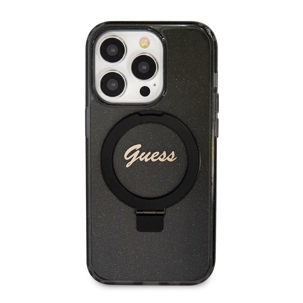 MagSafe Case for Apple iPhone 15 Pro Max, Guess, IML Ring Stand Glitter, Black