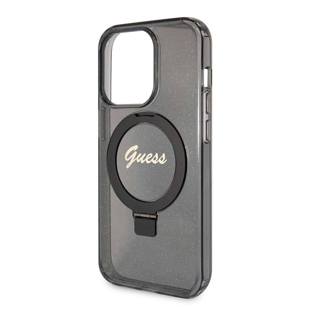 MagSafe Case for Apple iPhone 15 Pro Max, Guess, IML Ring Stand Glitter, Black