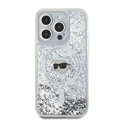 MagSafe Case for Apple iPhone 15 Pro Max, Karl Lagerfeld, Liquid Glitter Karl's Head, Transparent