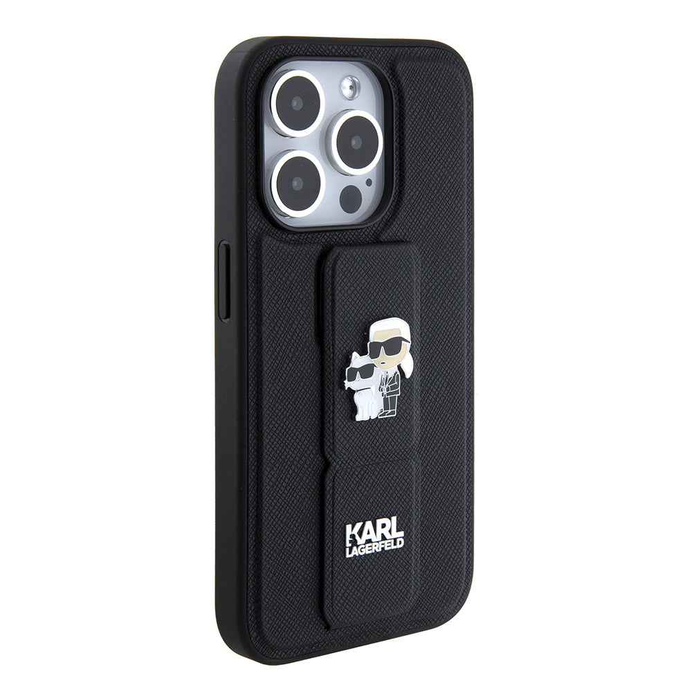 MagSafe Case for Apple iPhone 15 Pro Max, Karl Lagerfeld, Saffiano Gripstand Karl & Choupette, Black