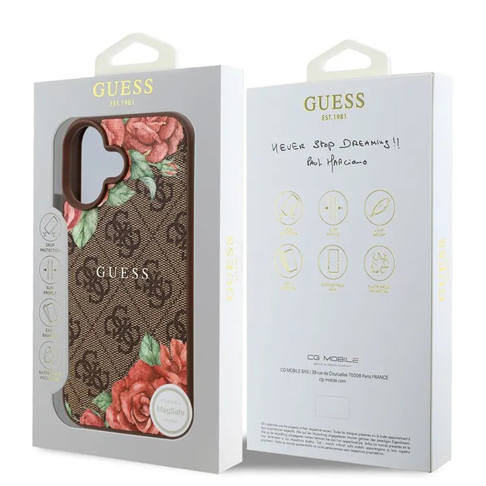 MagSafe Case for Apple iPhone 16, Guess, 4G Flowers Print, Brown