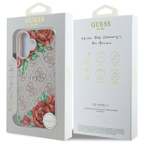 MagSafe Case for Apple iPhone 16, Guess, 4G Flowers Print, Pink
