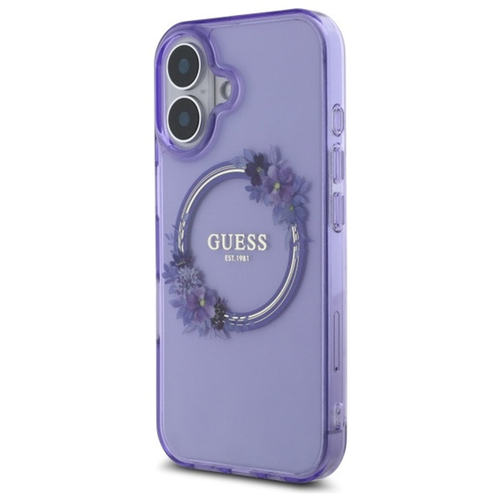 MagSafe Case for Apple iPhone 16, Guess, IML Flowers Wreath, Purple