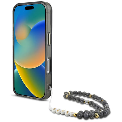 MagSafe Case for Apple iPhone 16, Guess, IML Palm Trees Triangle with Pearl Strap, Black