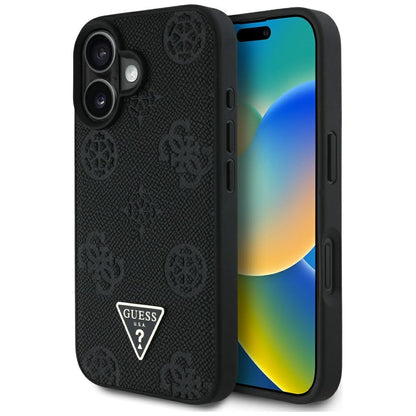 MagSafe Case for Apple iPhone 16, Guess, Peony Grained Hot Stamp Triangle, Black