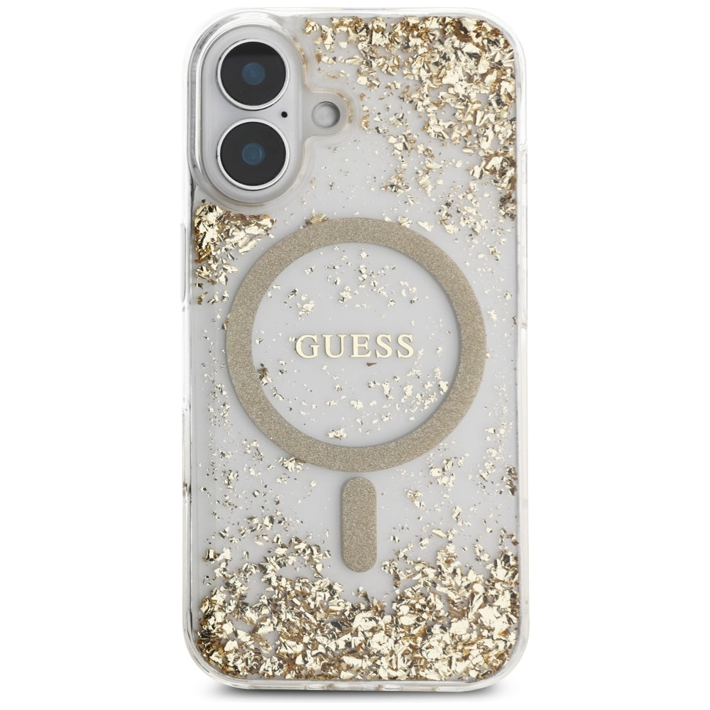 MagSafe Case for Apple iPhone 16, Guess, Resin Bottom Glitter, Gold